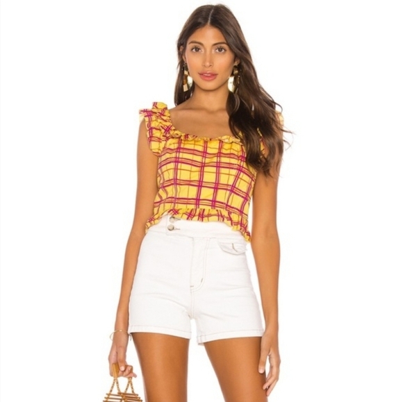 L'Academie Womens Size Small The Laci Top Cropped Ruffle In Yellow Plaid - Picture 1 of 8